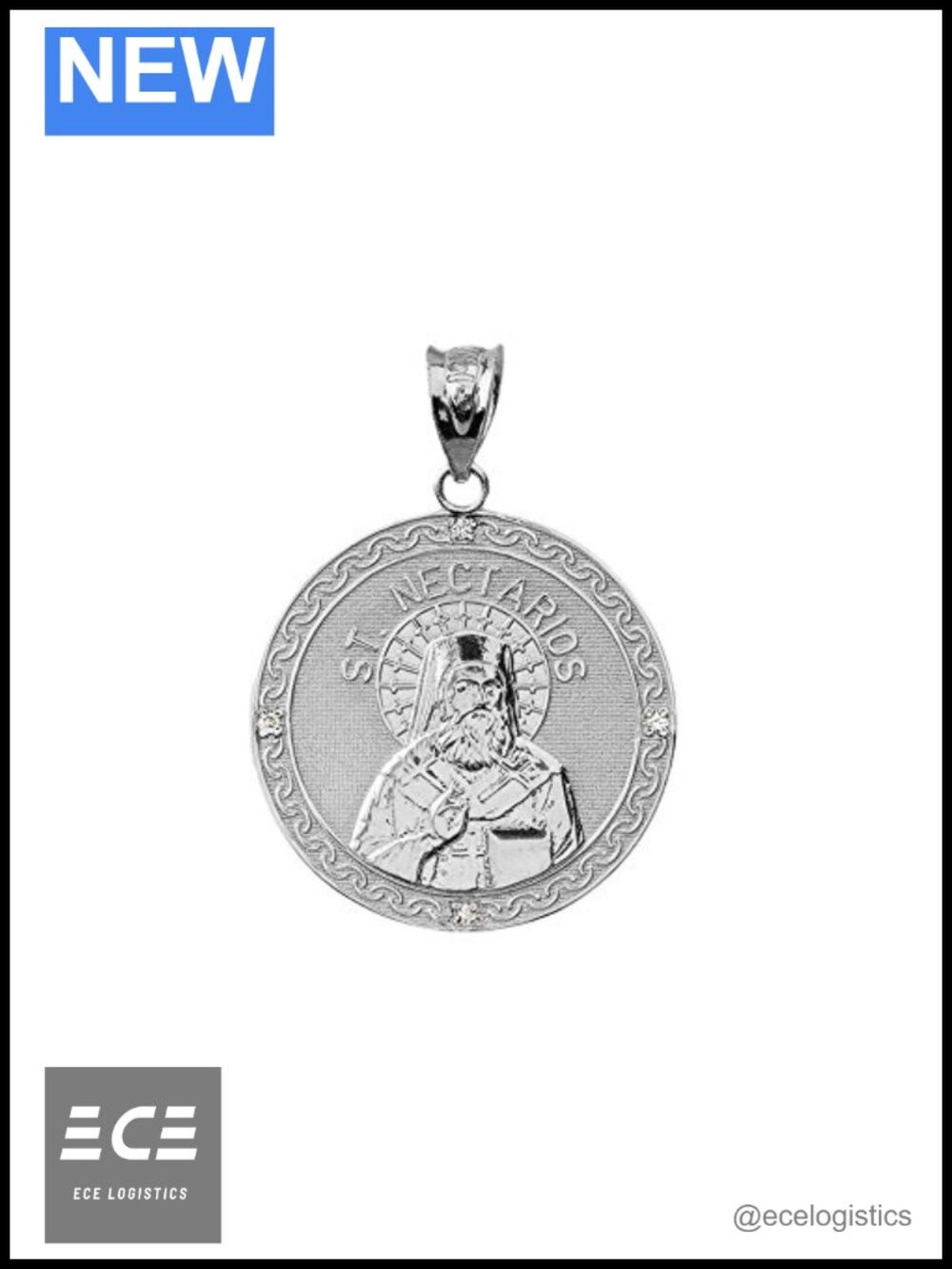 Sterling Silver Saint Nectarios CZ Round Medal Protection Pendant